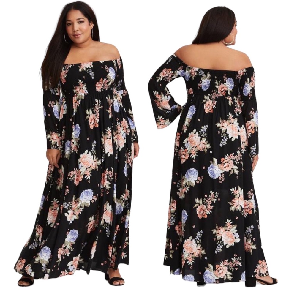 Torrid Floral off the shoulder Challis Smocked Maxi Dress